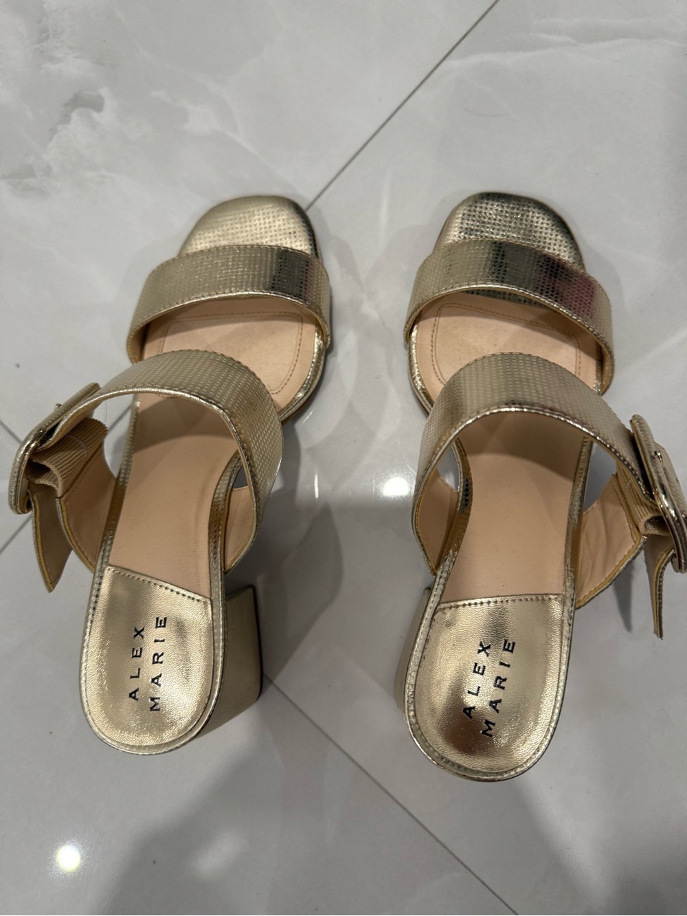 Alex Marie Metallic Gold Two-Strap Block Heel Sandals